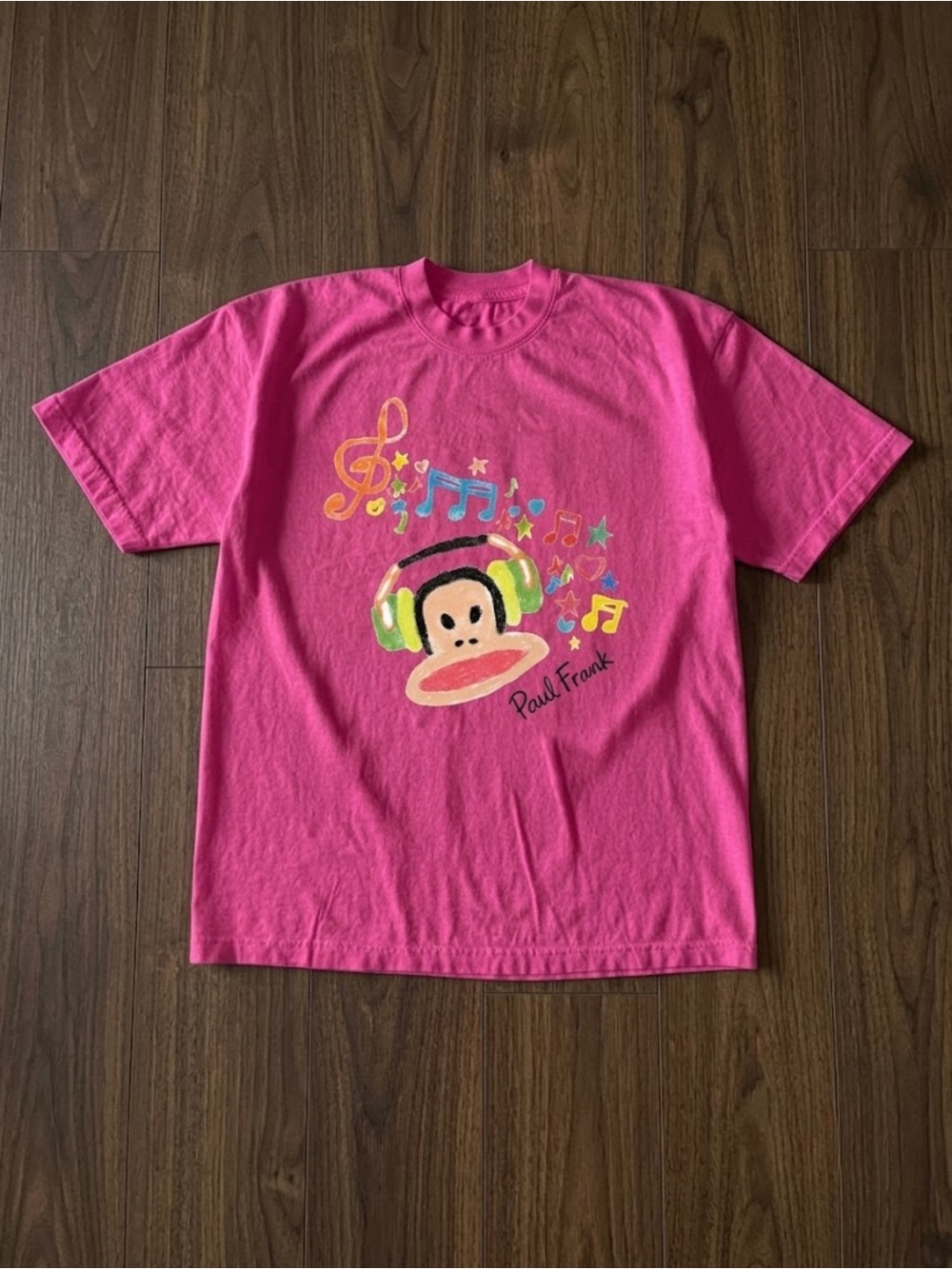 Paul Frank Julius Monkey Music Notes T-Shirt Pink Y2K Pop Art Graphic Tee